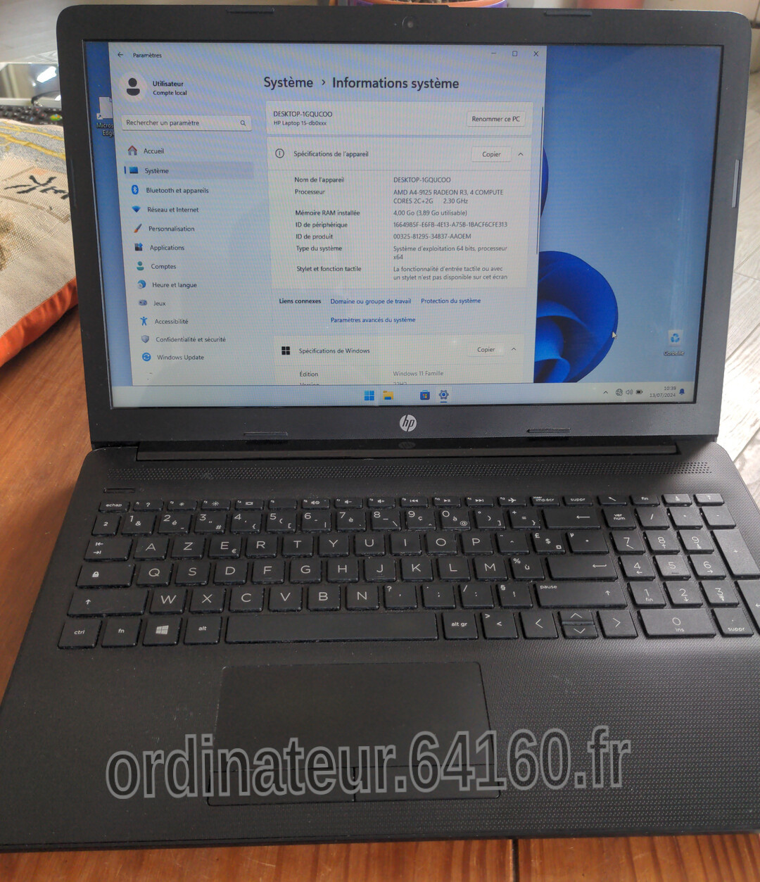 Ordinateur PC portable occasion reconditionné HP Notebook 15-db0087nf AMD A4-9125 double cœur 2,3 GHz SSD M.2 Windows 11