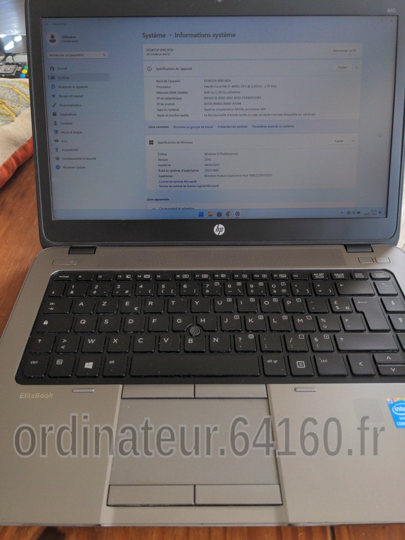 Ordinateur PC portable occasion reconditionné HP EliteBook 840 G1 Intel® Core™i7 4600U 2.70Ghz 8G RAM SSD 240 Go Windows 11