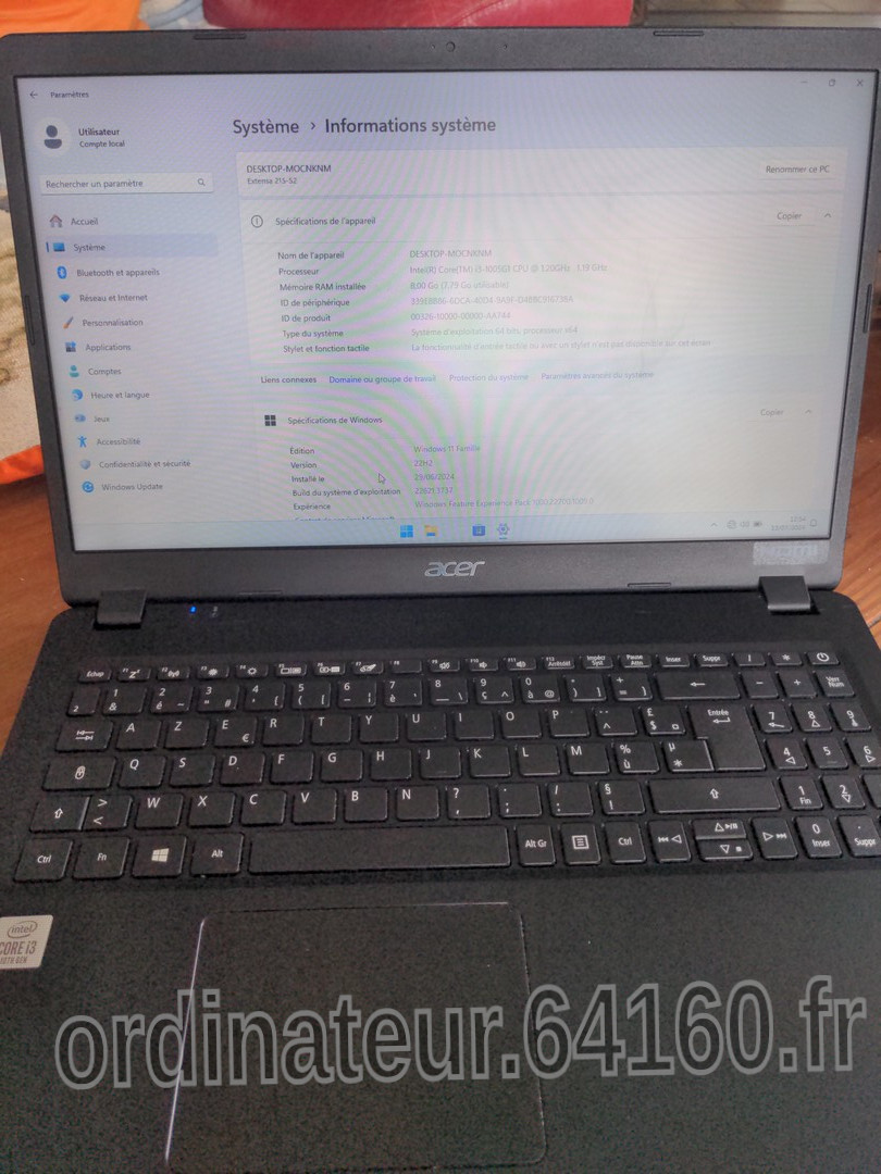 Ordinateur PC portable occasion reconditionné Acer Aspire N19C1 15 intel Core i3-1005G1 1.2GHz SSD NVME 256Go 8Go de RAM Windows 11