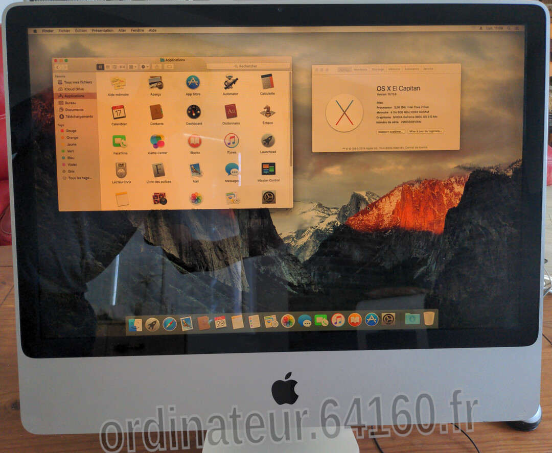 Ordinateur reconditionné iMac A1225 24 pouces Intel Code 2 Duo 3.06Ghz 4Go RAM Nvidia GeForce 8800 GS SSD 240Go